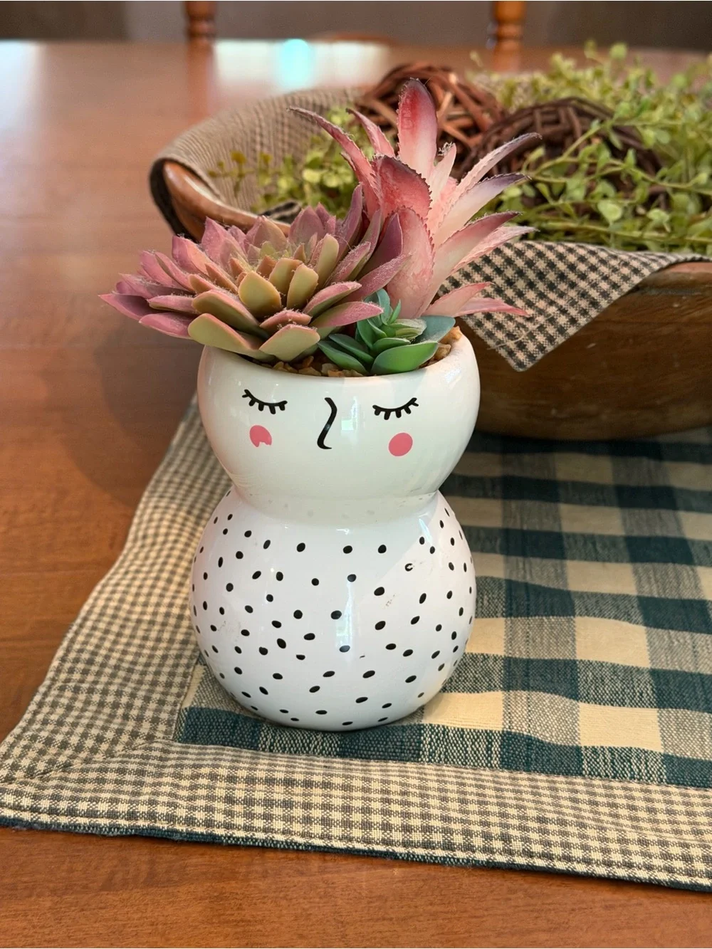 Cute Ceramic Face Planter with Pink Succulents